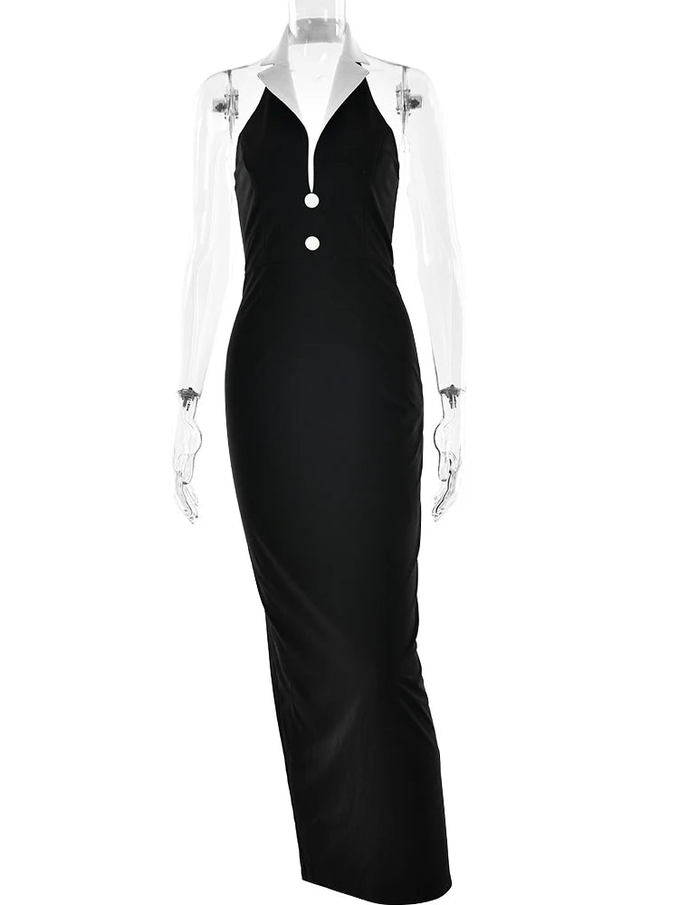 Button Maxi Dress Black Dressp V-nec Dress Slim