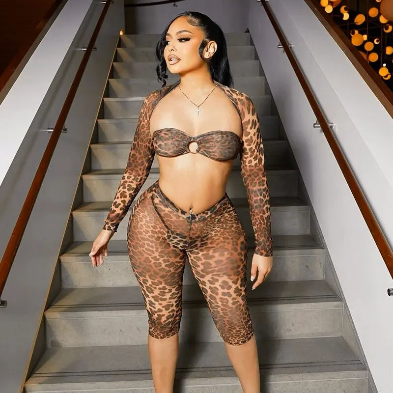 Leopard Meh Long-Sleev See-Through Set Lace-Up Butier Short Shawl Elatic Wait Pant Set