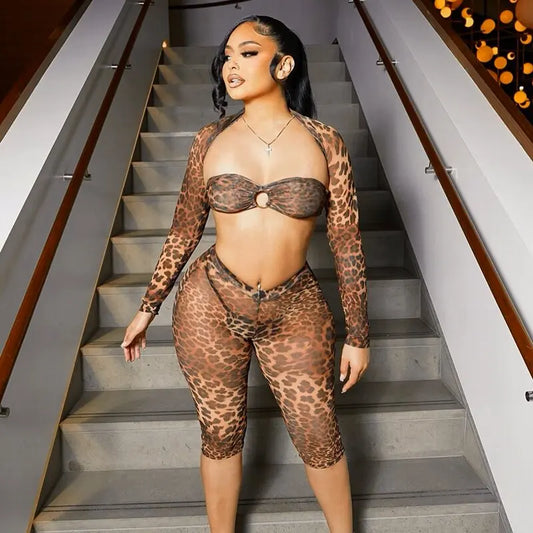 Leopard Meh Long-Sleev See-Through Set Lace-Up Butier Short Shawl Elatic Wait Pant Set