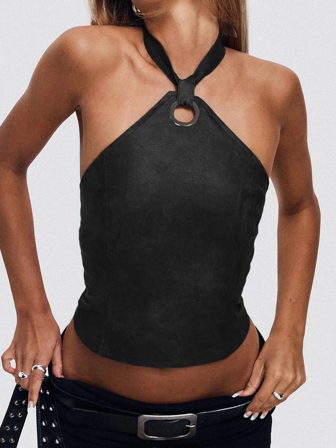 Leather Backless Halter Top