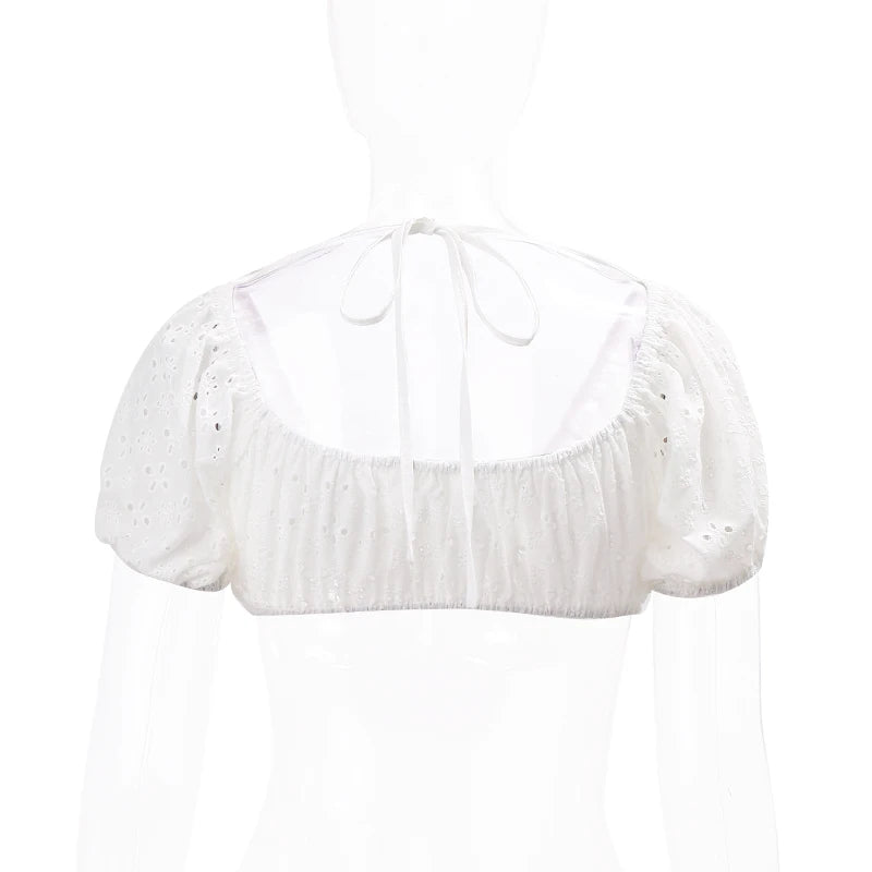 Low-cut Puff Short Sleeve Crop Top Flower Hollow Out T Shirt Backless White Camis