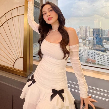 White Ruched Bow Off Shoulder Mini Dress