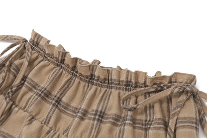 Khaki Plaid Backless Sleeveless Top And Ruffle Shorts Two Piece Set