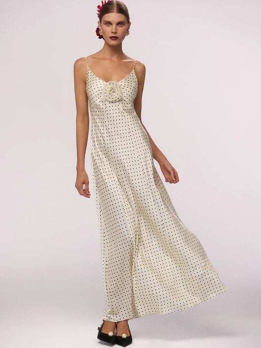 White Polka Dot Backless 3D Flower Slim Maxi Dress