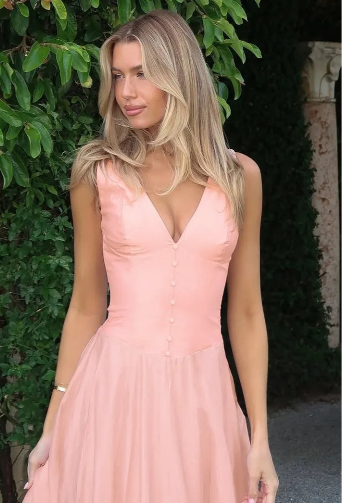 Pink V-Neck Sleeveless Chiffon Patchwork Midi Dress