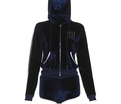 Sporty Two Piece Set with Hooded Jacket and Mini Shorts