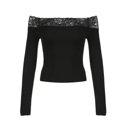 Vintage Slash Neck Lace Long Sleeve T-shirt