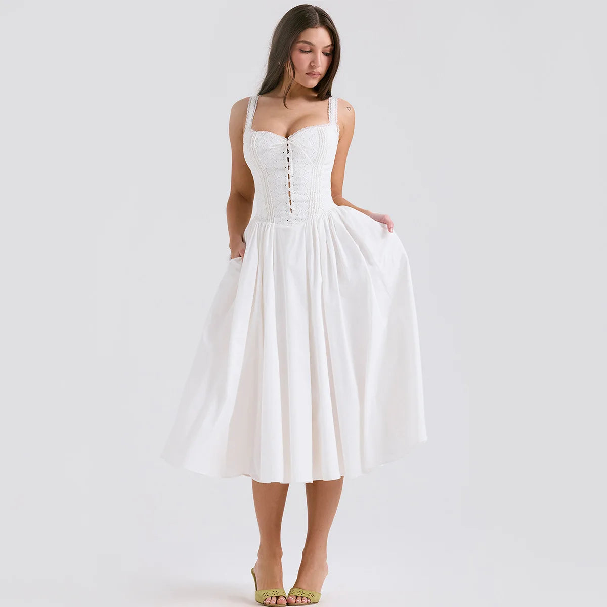 White Lace Up Midi Dress