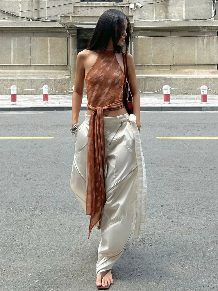Brown Lace-Up Tassel Top