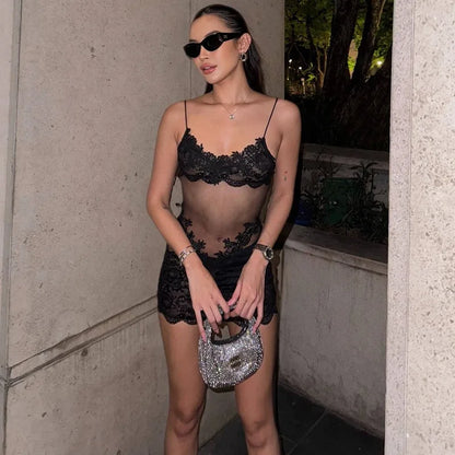 See Through Lace Mesh Backless Mini Dress