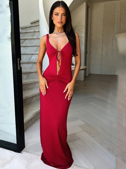 Hollow Out Backless Deep V-Neck Maxi Dress