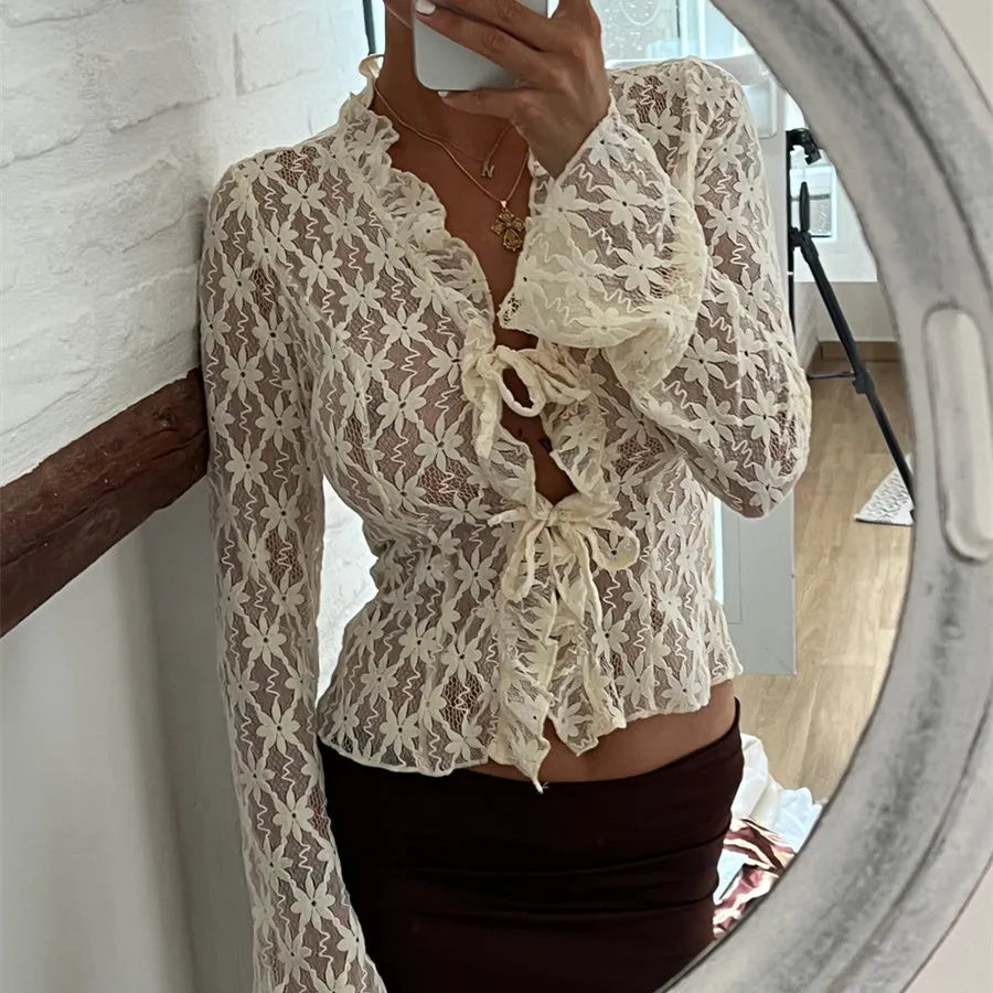 Sheer Lace Floral Flare Sleeve Top