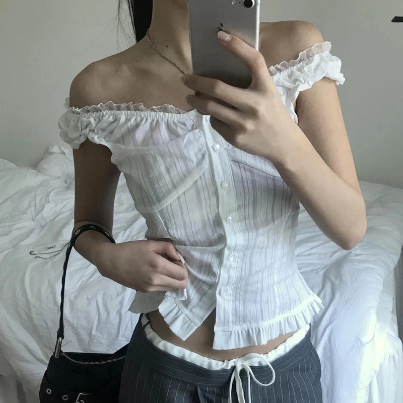 White Ruched Lace Top
