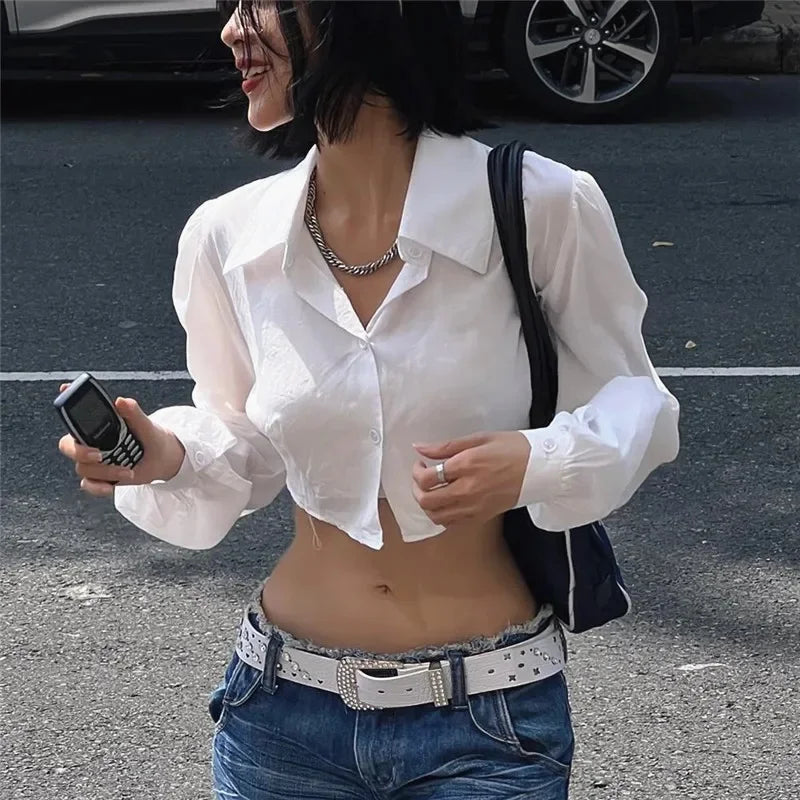 White Puff Long Sleeve V-Neck Crop Top