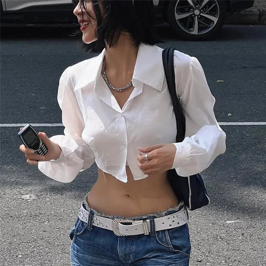 White Puff Long Sleeve V-Neck Crop Top