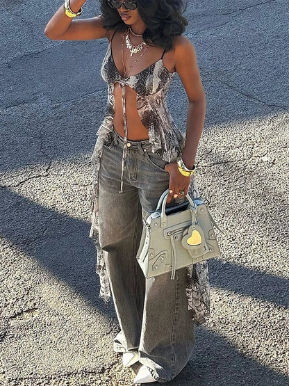 Gray Long Tie-Dye Ruffles Top
