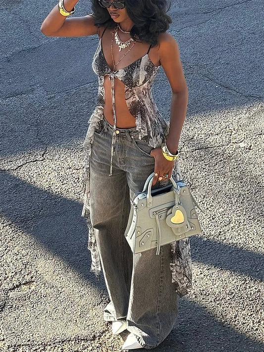 Gray Long Tie-Dye Ruffles Top