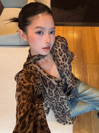 Leopard Chiffon Halter Long Sleeve Shirt