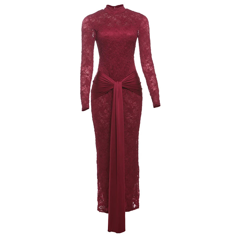 Burgundy Long Sleeves Backless See Through Maxi Dress