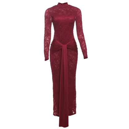 Burgundy Long Sleeves Backless See Through Maxi Dress
