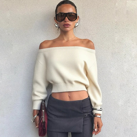 Inclined Shoulder Long Sleeve Slim Sweater