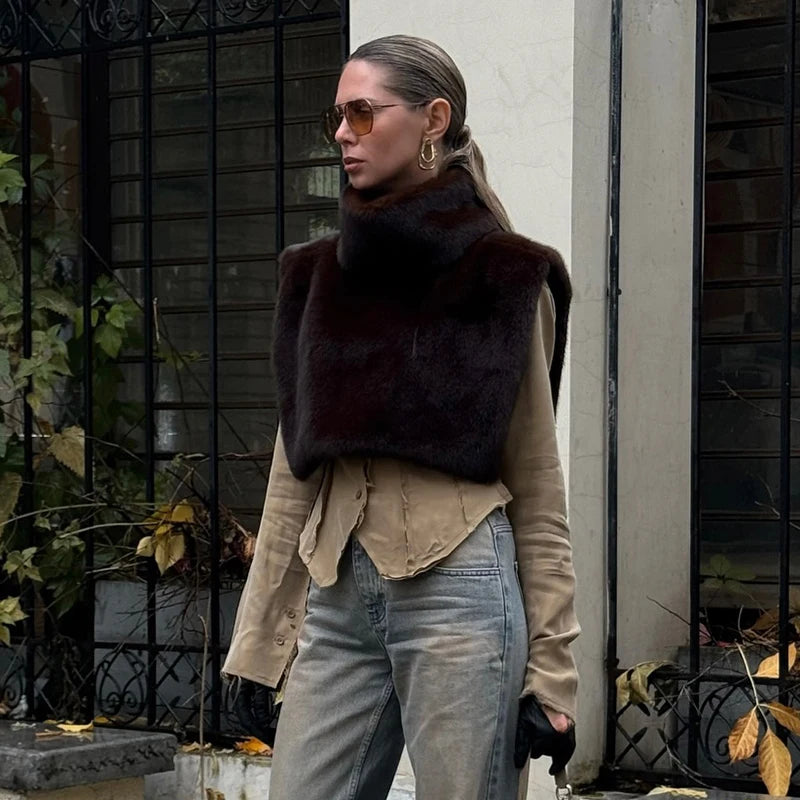 Half Turtleneck Furry Sleevele Top Patchwork Short Section Pullover Top