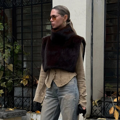 Half Turtleneck Furry Sleeve Patchwork Pullover Top