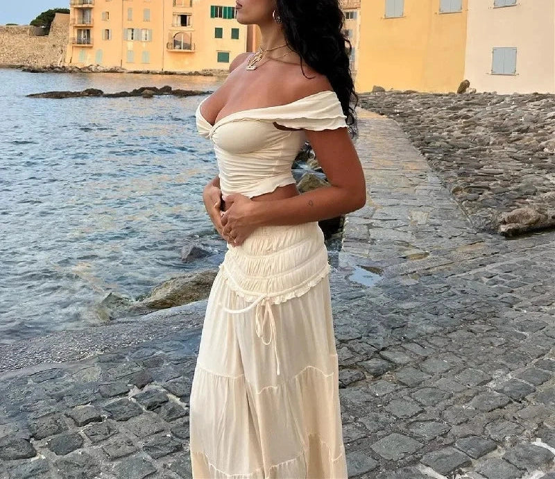 Slash-neck Knot Twist T Shirt With Elastic Slim Ruffles Cake Skirt French Two Piece Set