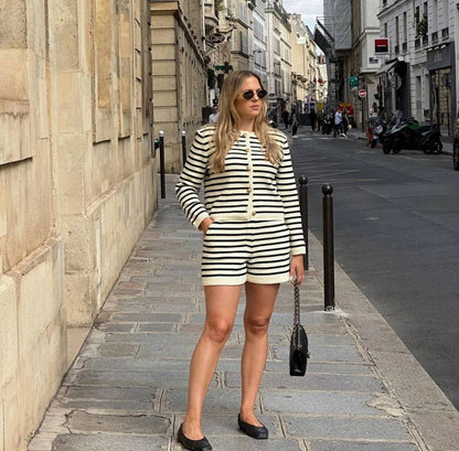 Striped Knit 2 Piece Set: Zebra Cardigan & High Waist Shorts