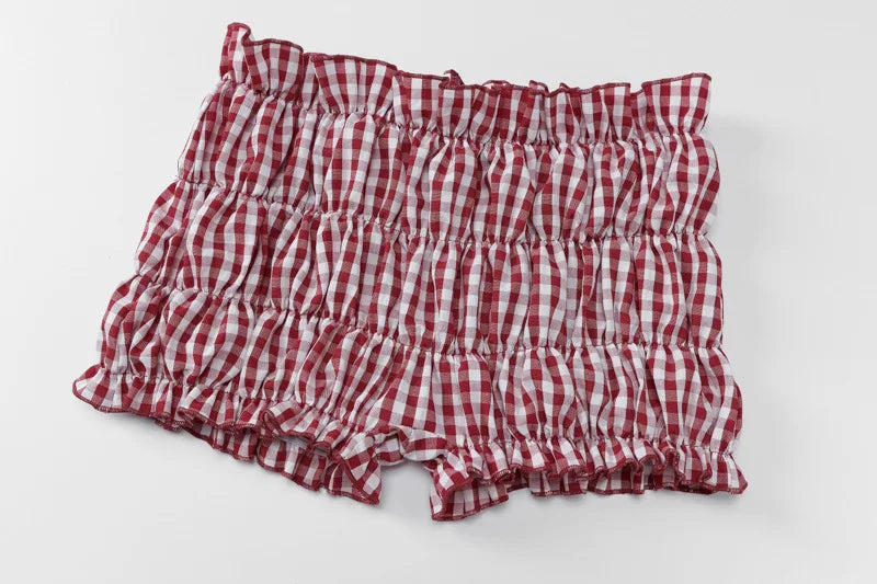 Red Backless Plaid Top Shorts Two Piece Set