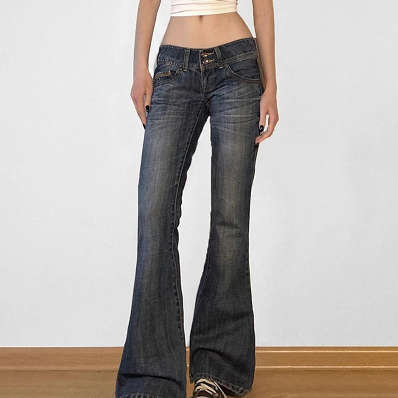 Low Waisted Washed Flared Jeans Button Pants Slim Pockets Bottoms