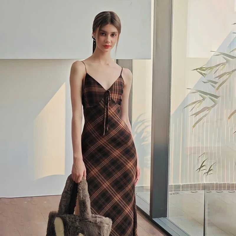 Brown Striped Plaid Slim Maxi Dress