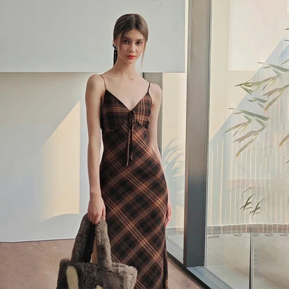 Brown Striped Plaid Slim Maxi Dress