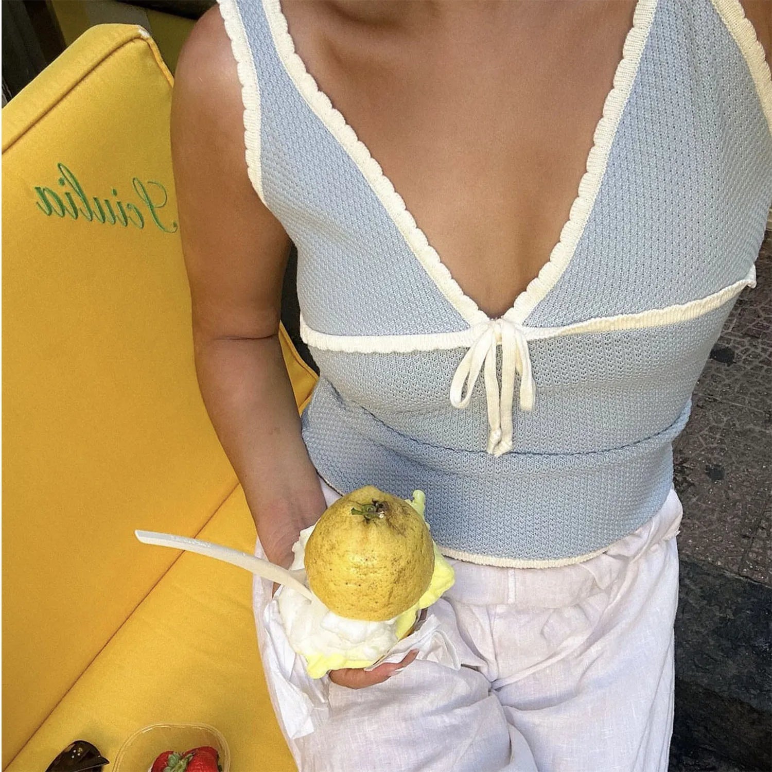 Knitted V-Neck Bow Top