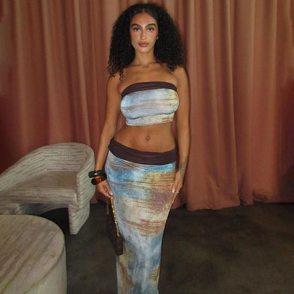 One Shoulder Strapless Top & High Waist Wrap Skirt Set