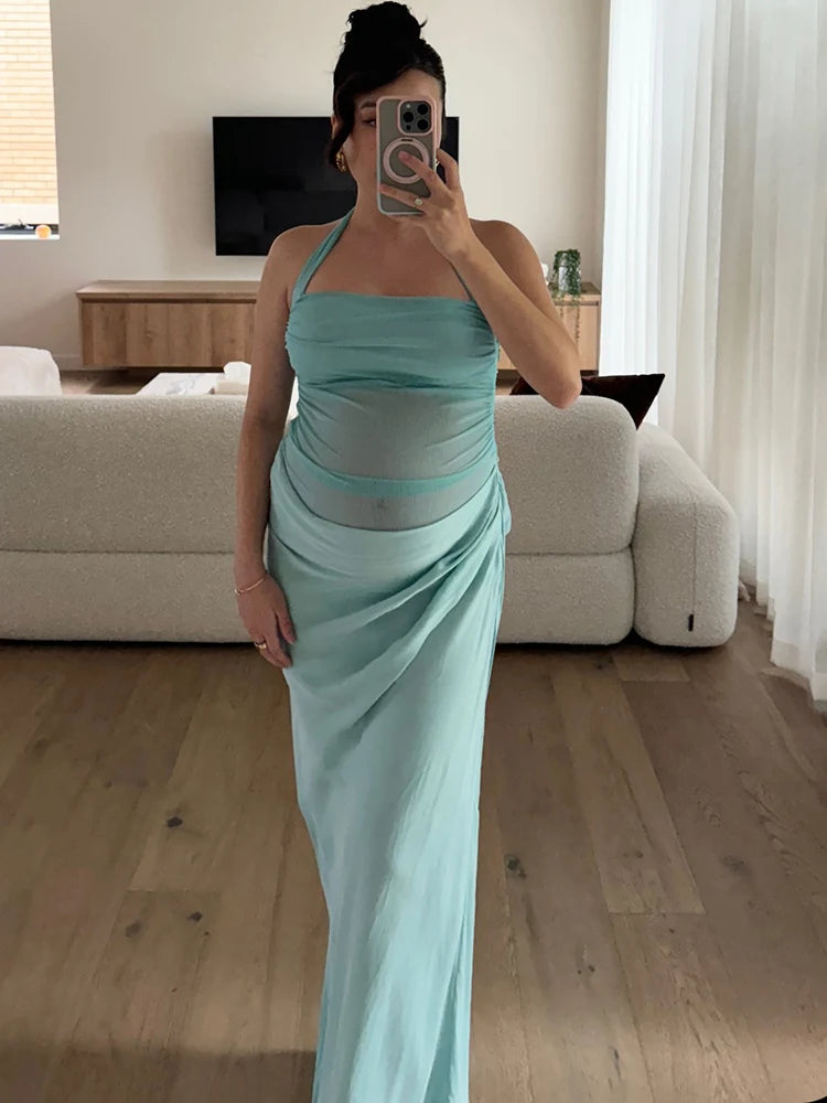 Hollow Out Halter Maxi Dress Coffee See Through Dress Slim