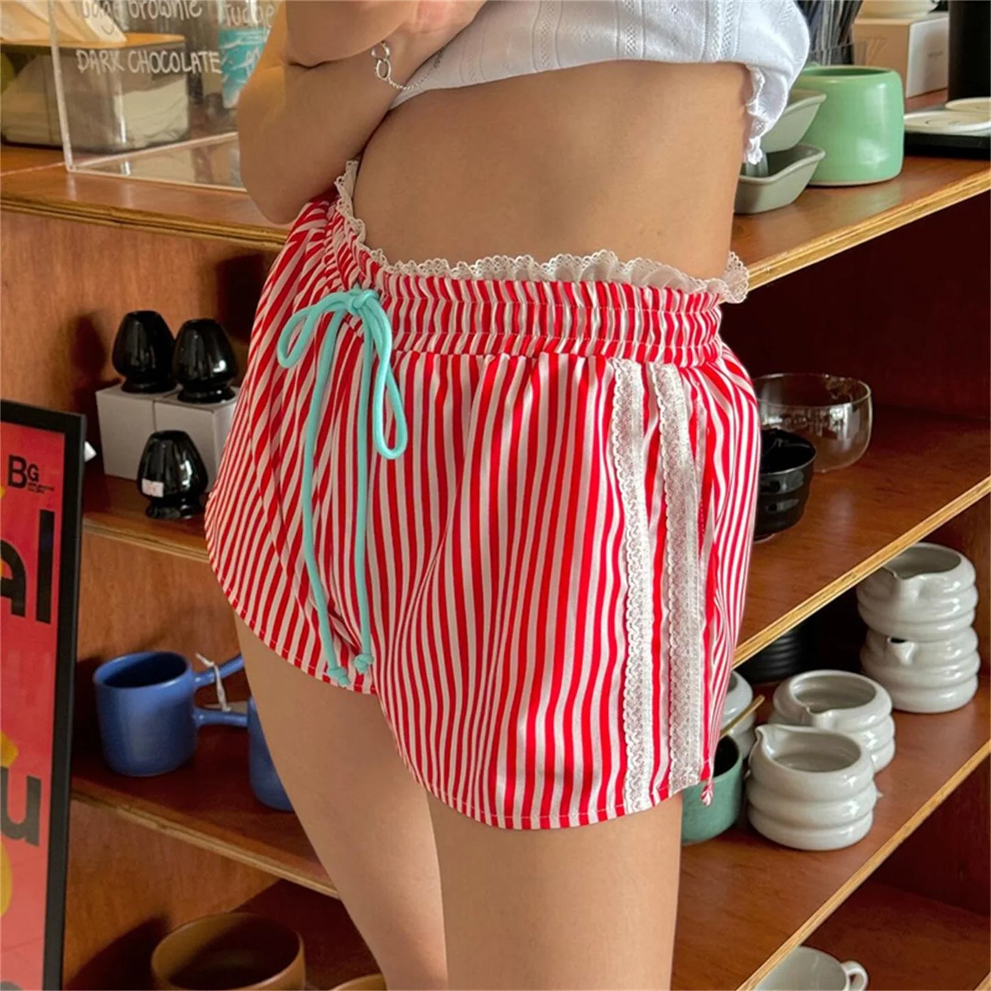 Striped Lace Elastic Waist Shorts