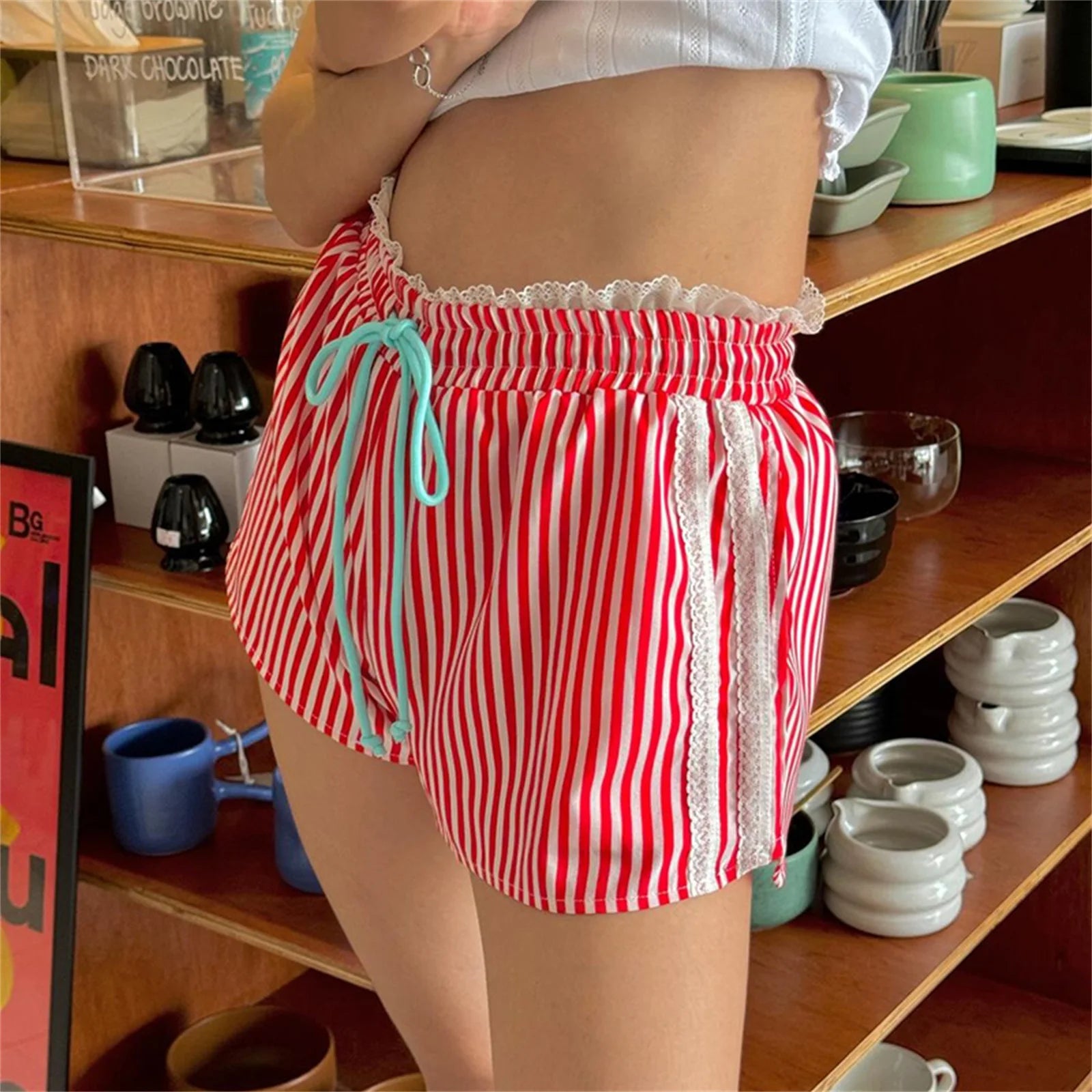 Striped Lace Elastic Waist Shorts