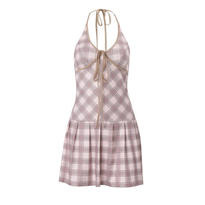 Plaid Halter Dress with Lace-up V-Neck Pink