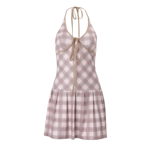 Plaid Halter Dress with Lace-up V-Neck