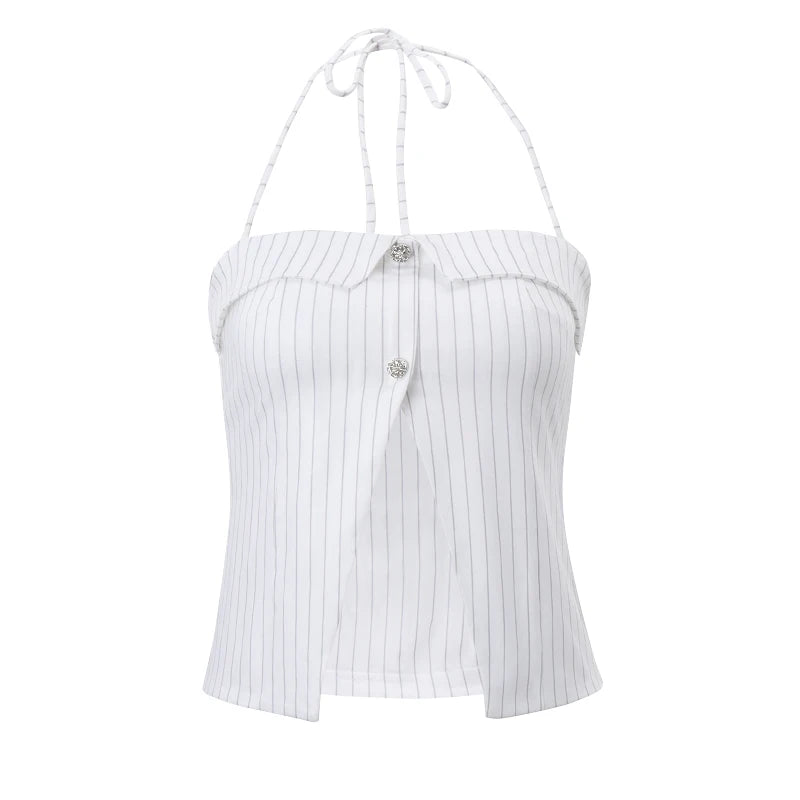 White Striped Halter Button Top