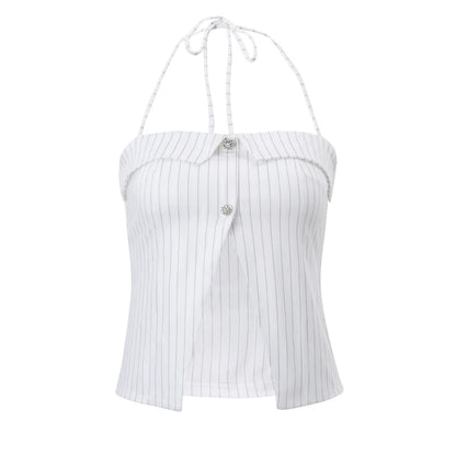 White Striped Halter Button Top