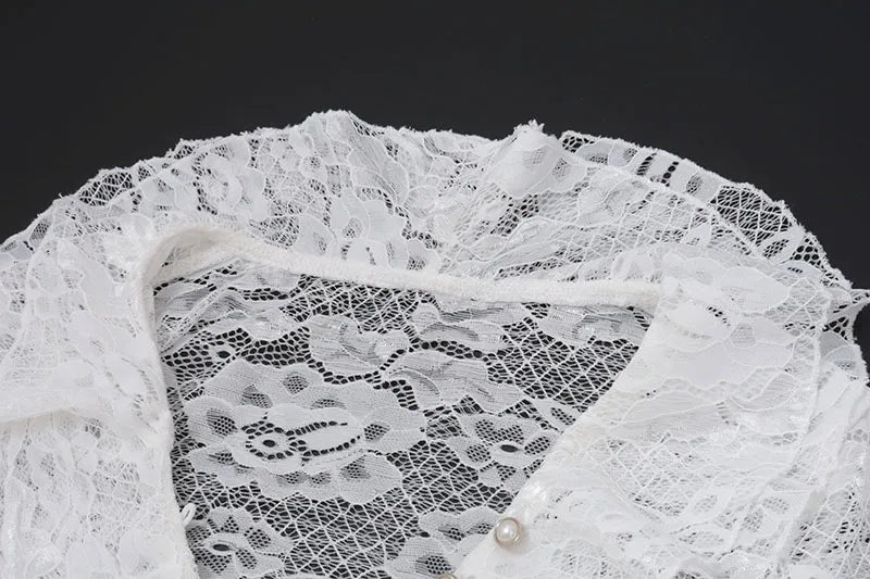 White Lace Ruffle Chiffon V-Neck Slit Long Dress