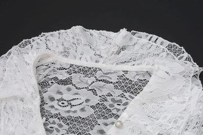 White Lace Ruffle Chiffon V-Neck Slit Long Dress
