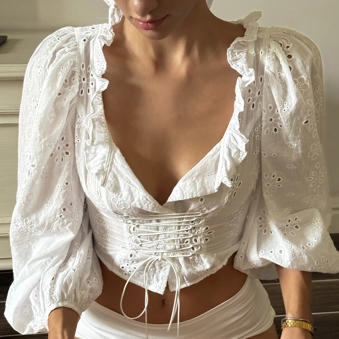 White V-Neck Long Sleeve Ruffle Crop Top
