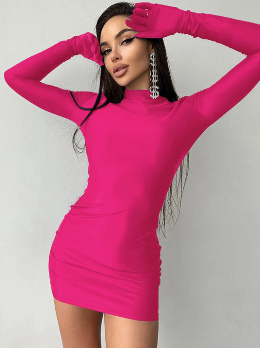 Long Sleeve With Gloves Mini Dress Bodycon Street Half Turtleneck