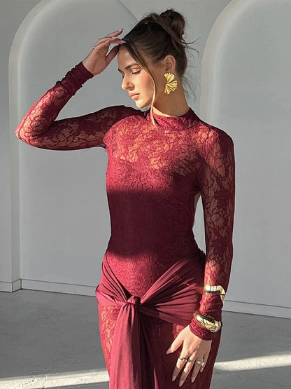 Burgundy Long Sleeves Backless See Through Maxi Dress