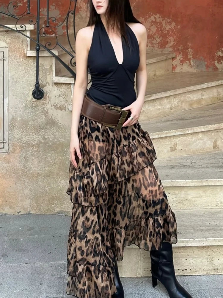 Leopard High Waist Ruched Long Skirt