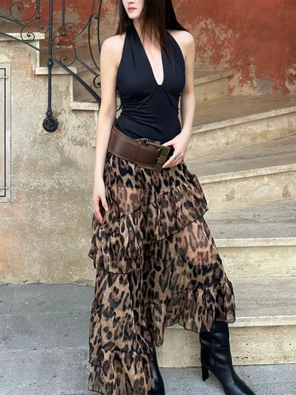 Leopard High Waist Ruched Long Skirt