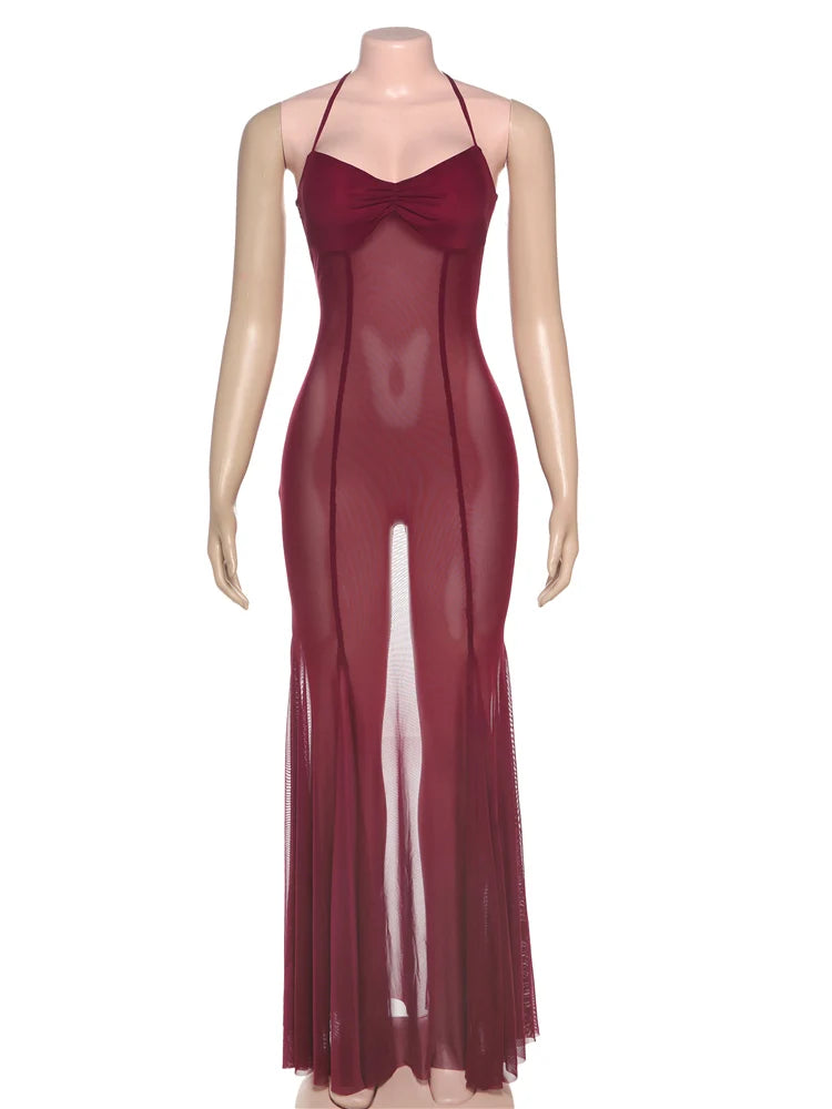 Lace Dress See Through Halter Lace-Up Solid Pleated Stripe